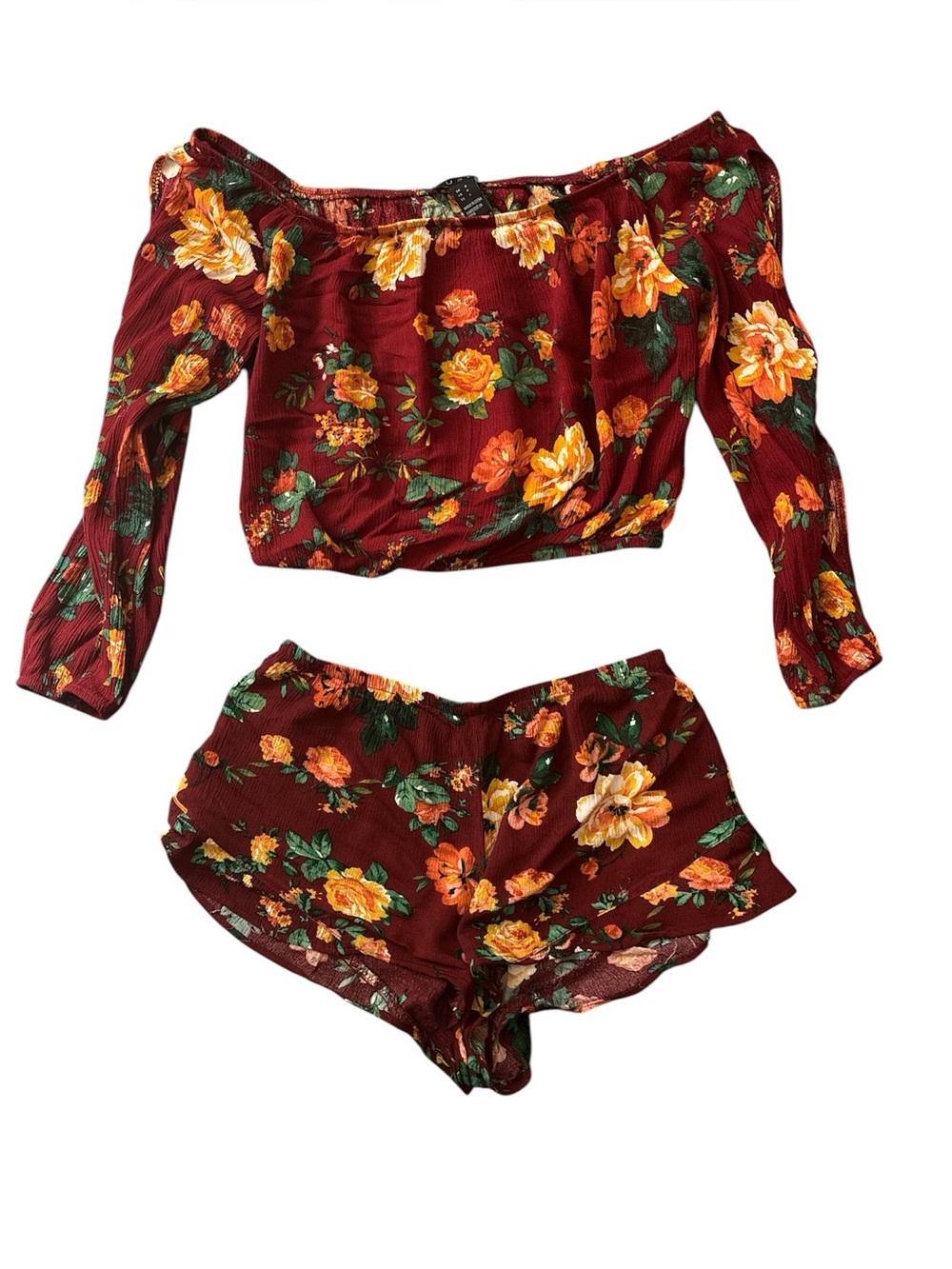 Burgundy Floral Off-Shoulder Crop Top & Shorts Set
